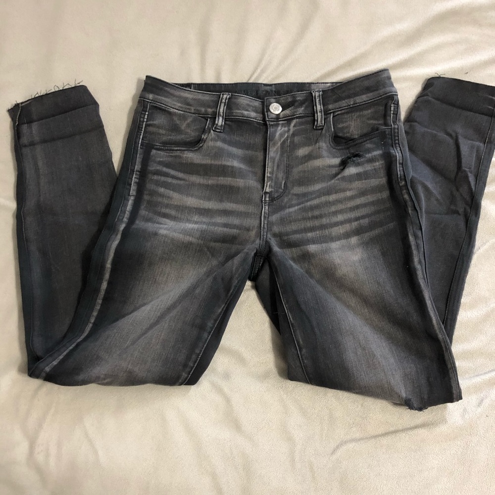american eagle gray/black ripped jeans